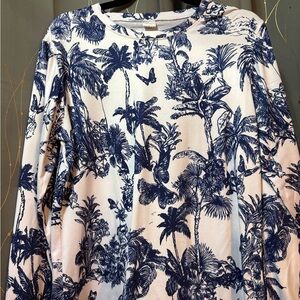 Blue and White Tropical Print Long Sleeve Shirt
